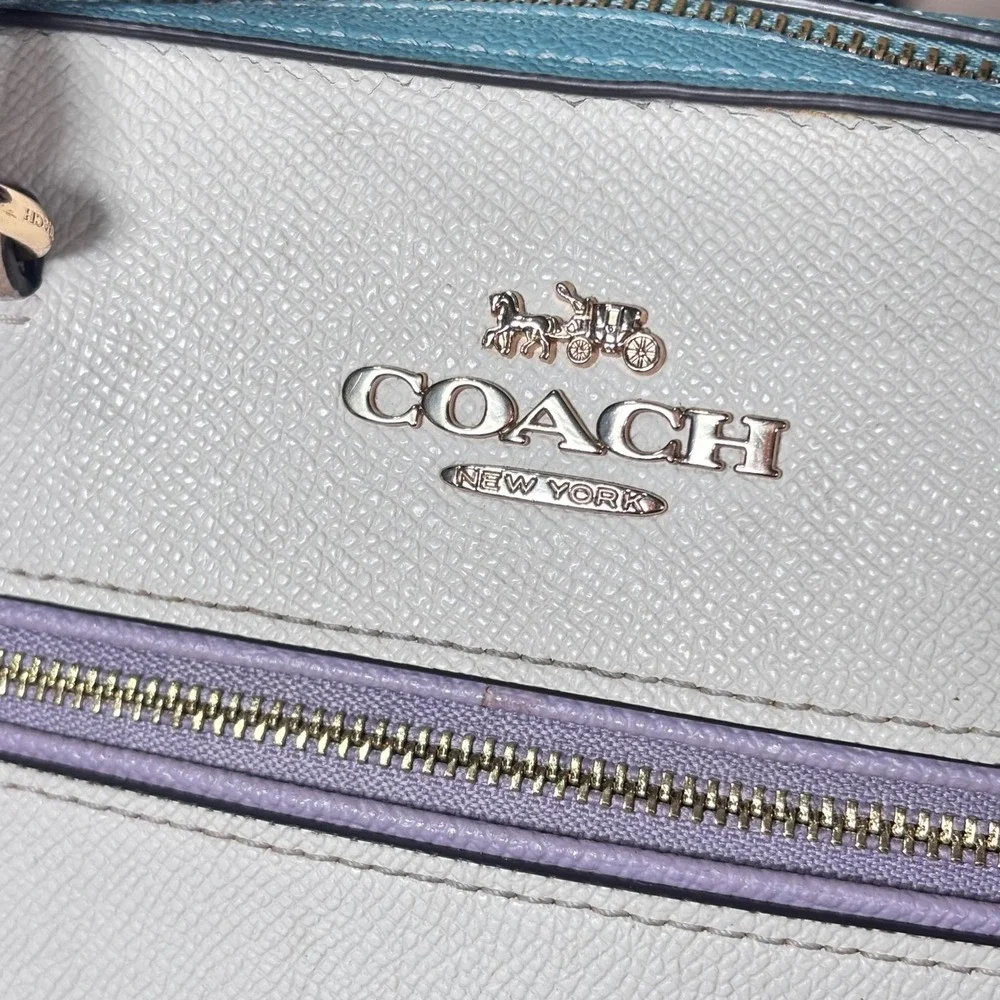 Coach Rowan Colorblock Satchel Purse Wallet Set White Chalk Purple Teal Leather